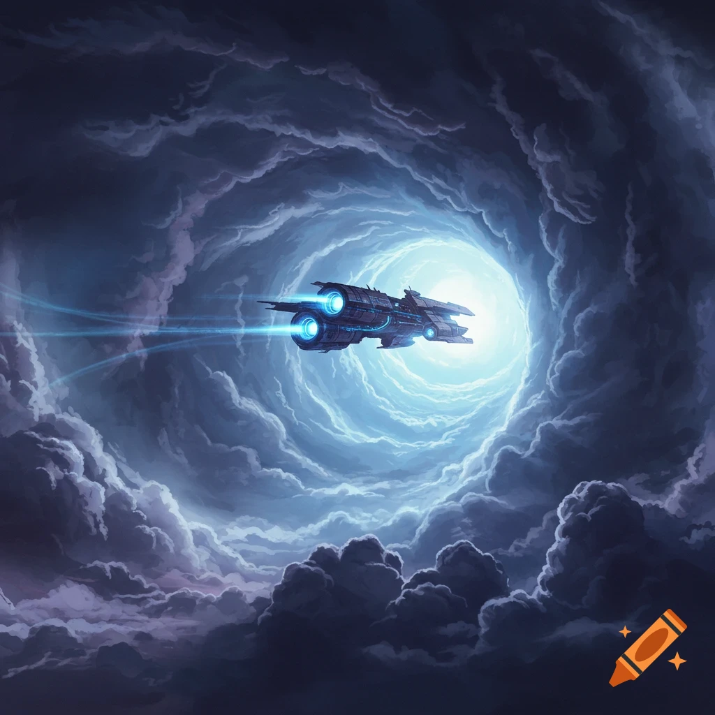 A spaceship flying through a swirling storm vortex