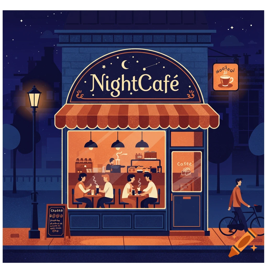 A vector graphic illustration of a night cafe on a street, with people inside and a cyclist passing by.