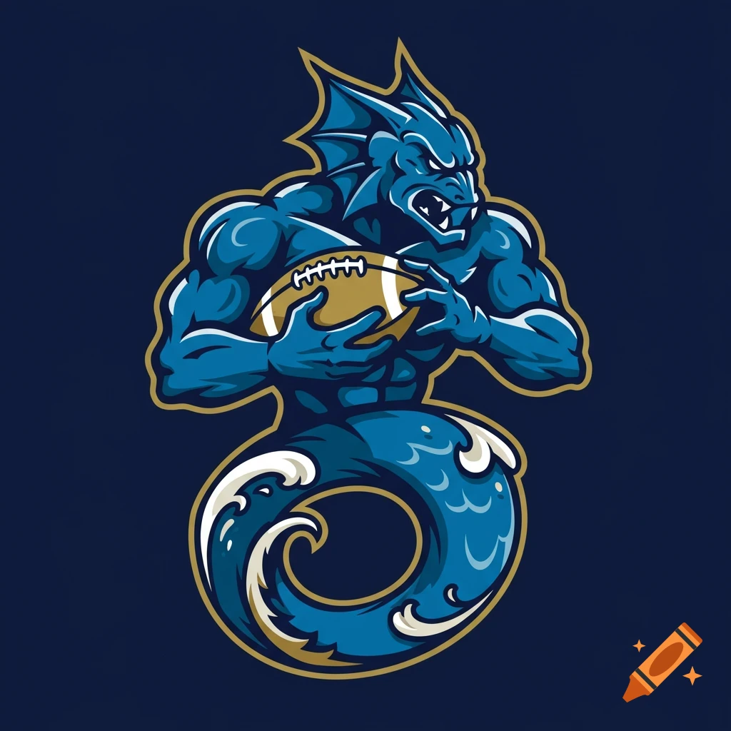 Stylized logo of a blue mythical creature with a wave-like tail holding a football.