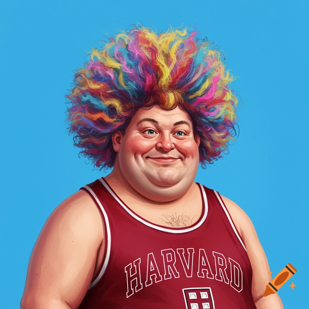 A jovial overweight man with colorful hair wears a Harvard tank top.
