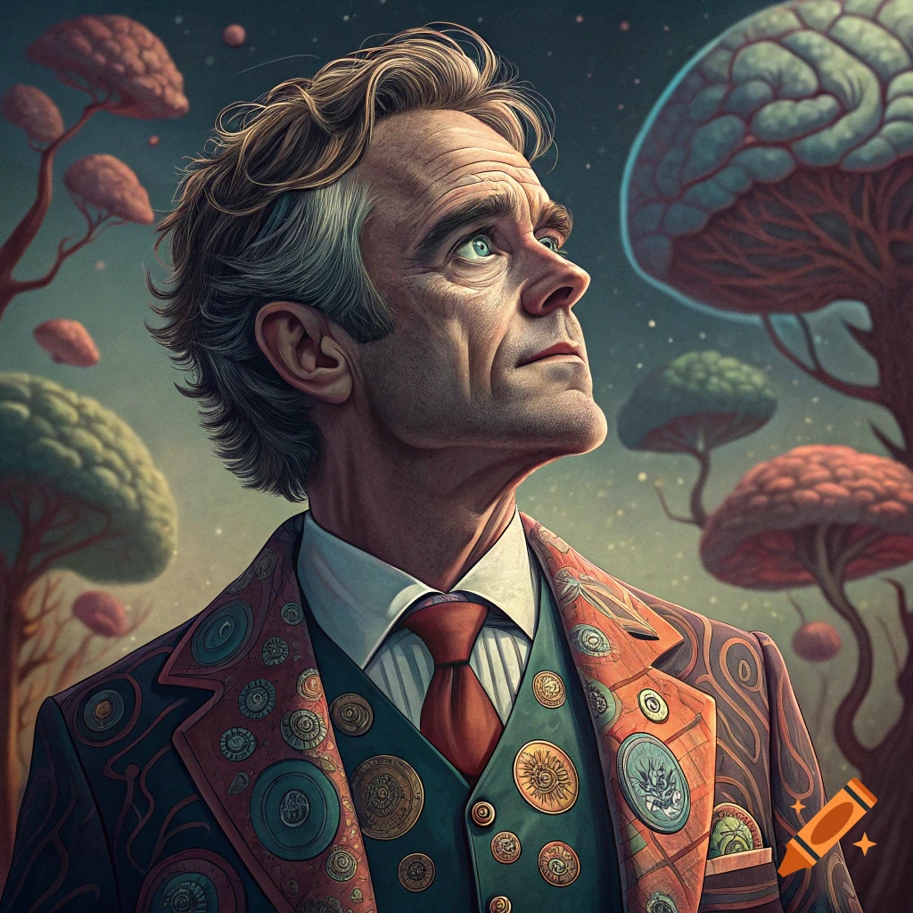 Portrait of a man in a patterned suit looking up in a surreal landscape with brain-like trees