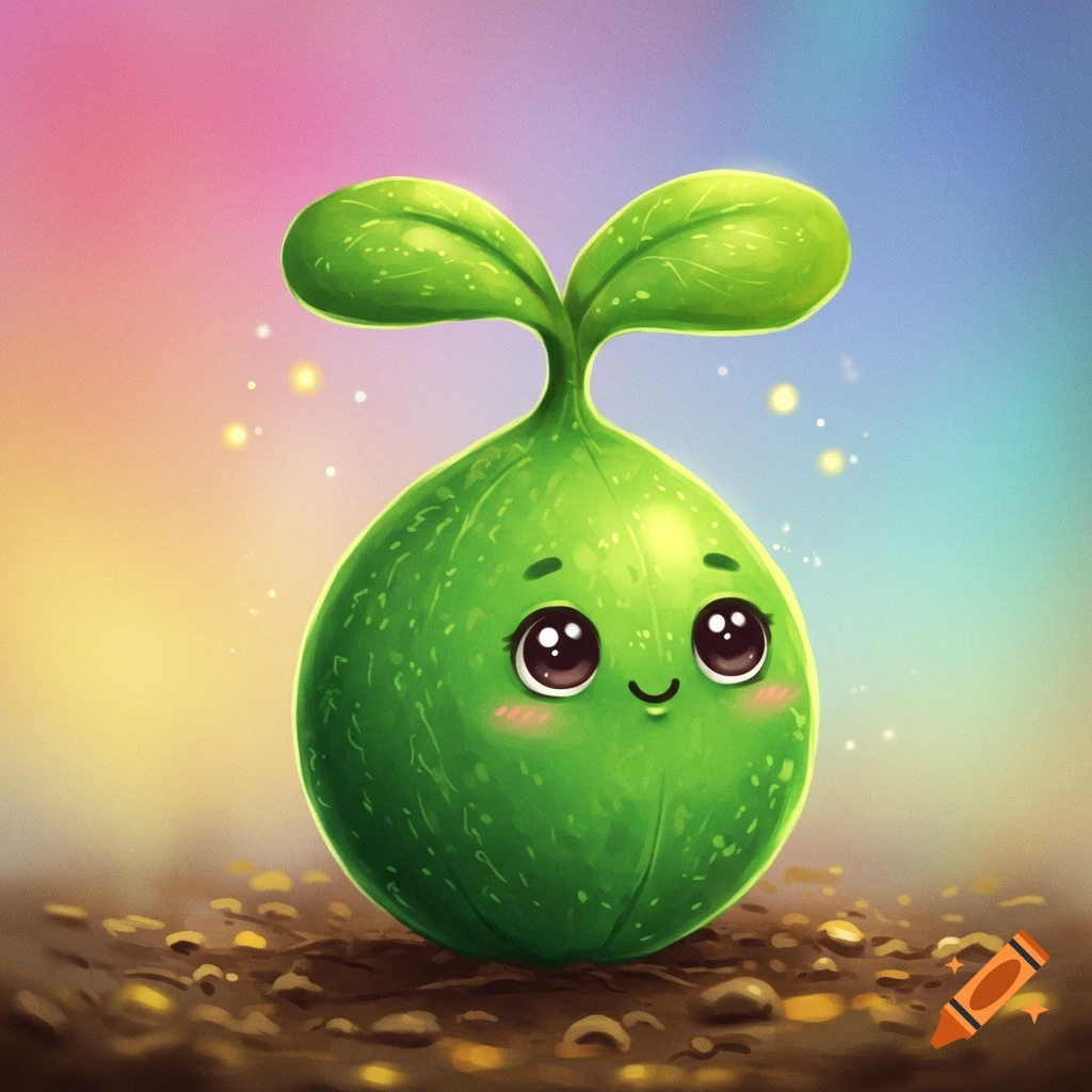 A cute cartoon seed or sprout with big eyes in soil against a colorful background.