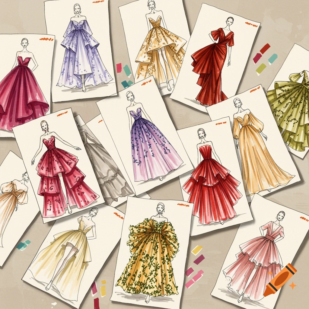 Fashion sketches of colorful gowns scattered on a table with color swatches.