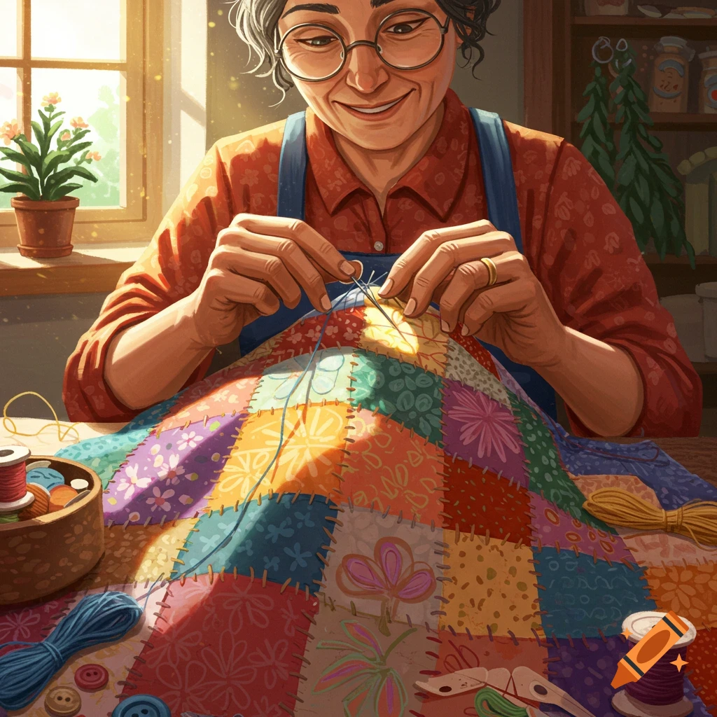 An elderly woman sewing a colorful patchwork quilt.