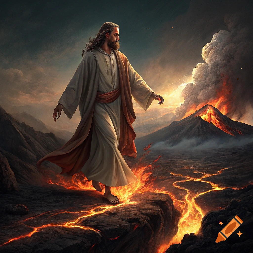 Jesus Christ walks on a path of rock over glowing lava near an erupting volcano.