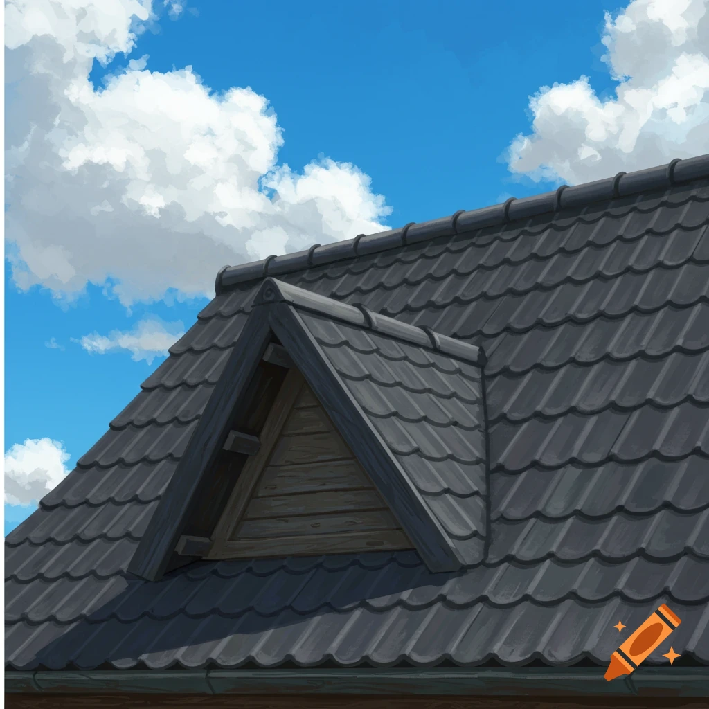 A dark tiled roof with a dormer window against a blue sky.