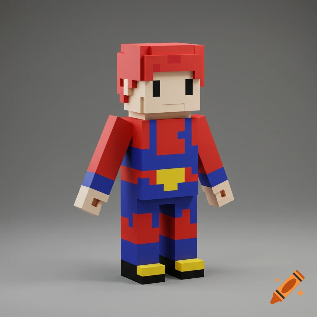 A 3D render of a blocky character resembling Mario in red and blue overalls on a grey background.