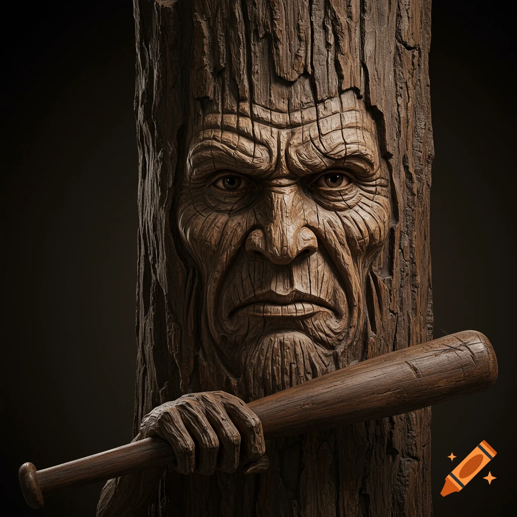 A realistic wooden carving of a face on a log holding a baseball bat.