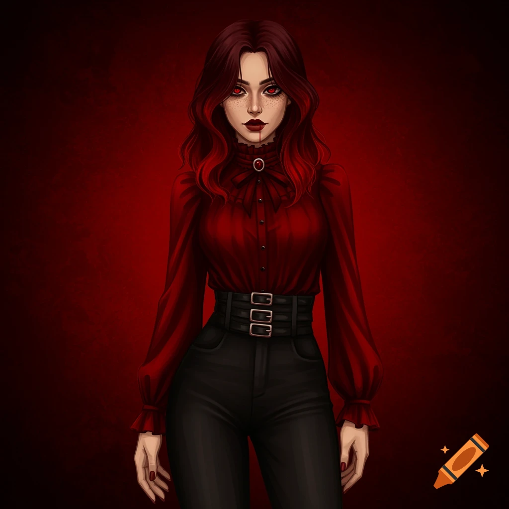A woman with red eyes and blood on her mouth, wearing a red victorian blouse and black pants.
