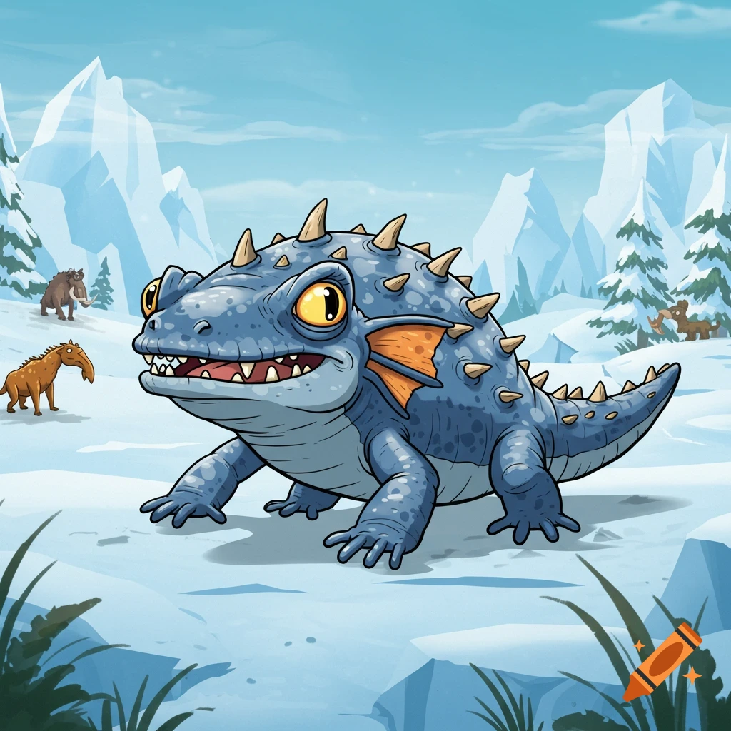 Cartoon spiky blue creature in snowy ice age landscape