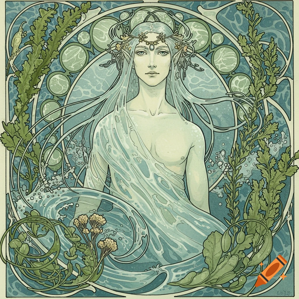 Art Nouveau illustration of an ethereal figure with long hair, surrounded by water and seaweed