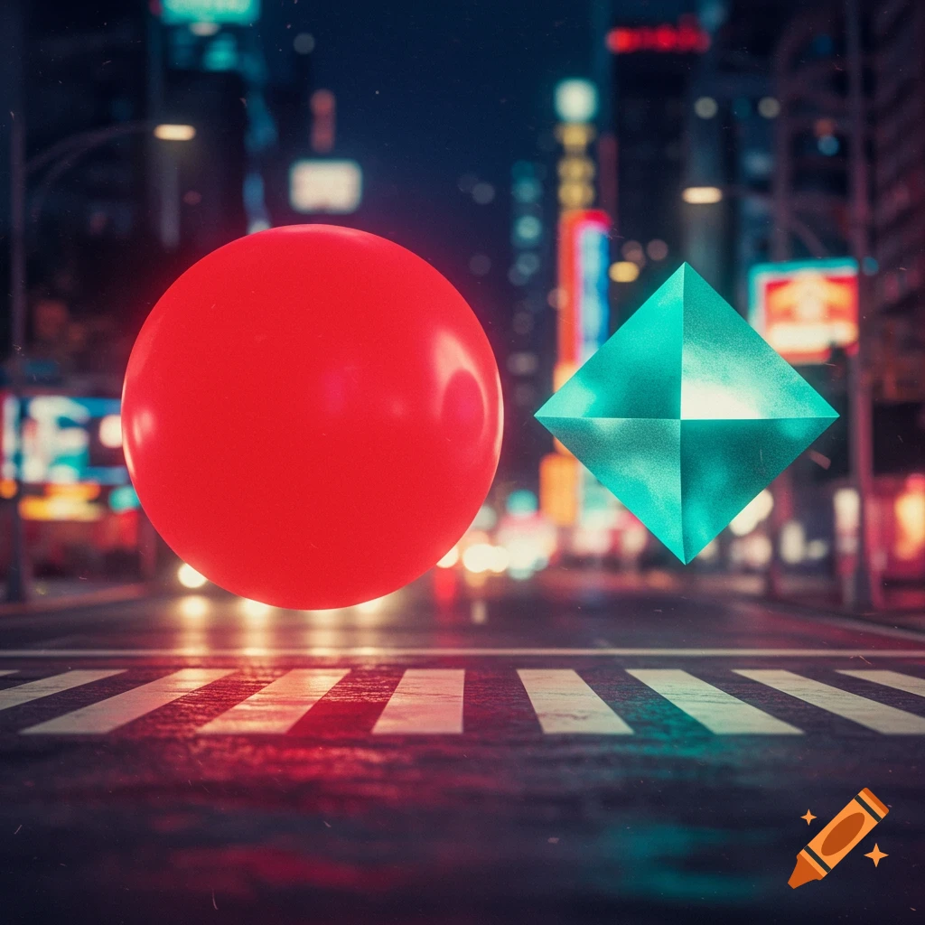 A red sphere and a glowing cyan rhombus float above a city street crosswalk at night.