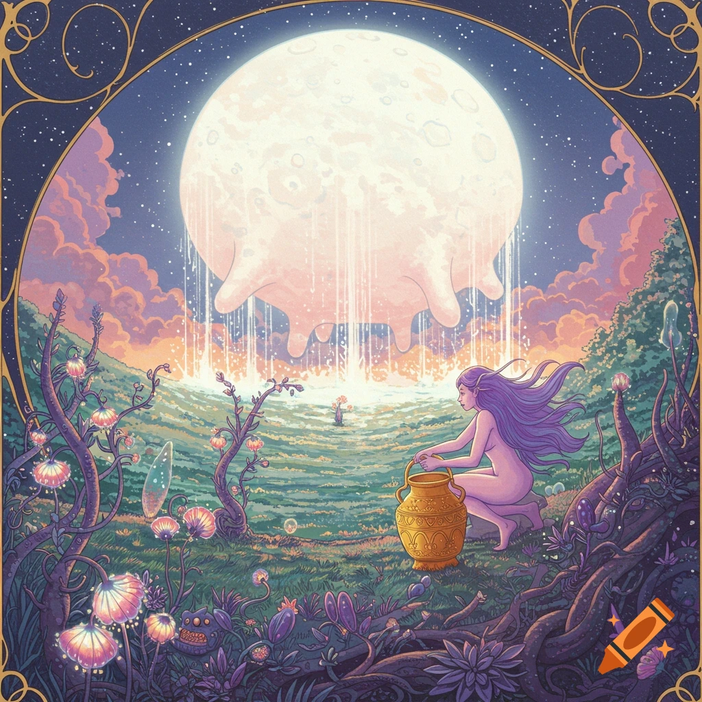 A nude figure collecting liquid from a giant udder moon over a surreal landscape.