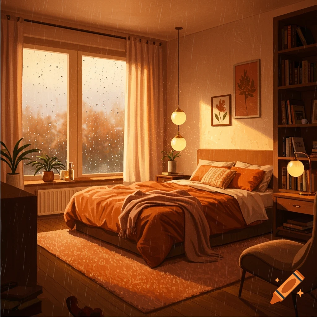 A cozy bedroom scene with rain hitting the window, warm lighting, and a bed with orange covers.
