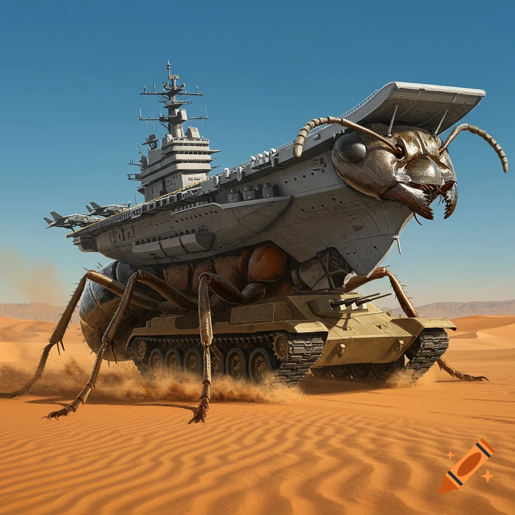 A giant ant head and legs on an aircraft carrier riding tank treads through a desert.