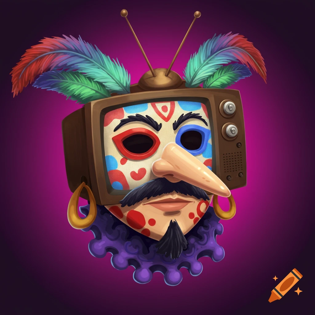 A character's head is fused with a TV set. They are wearing a mask with feathers and an earring.