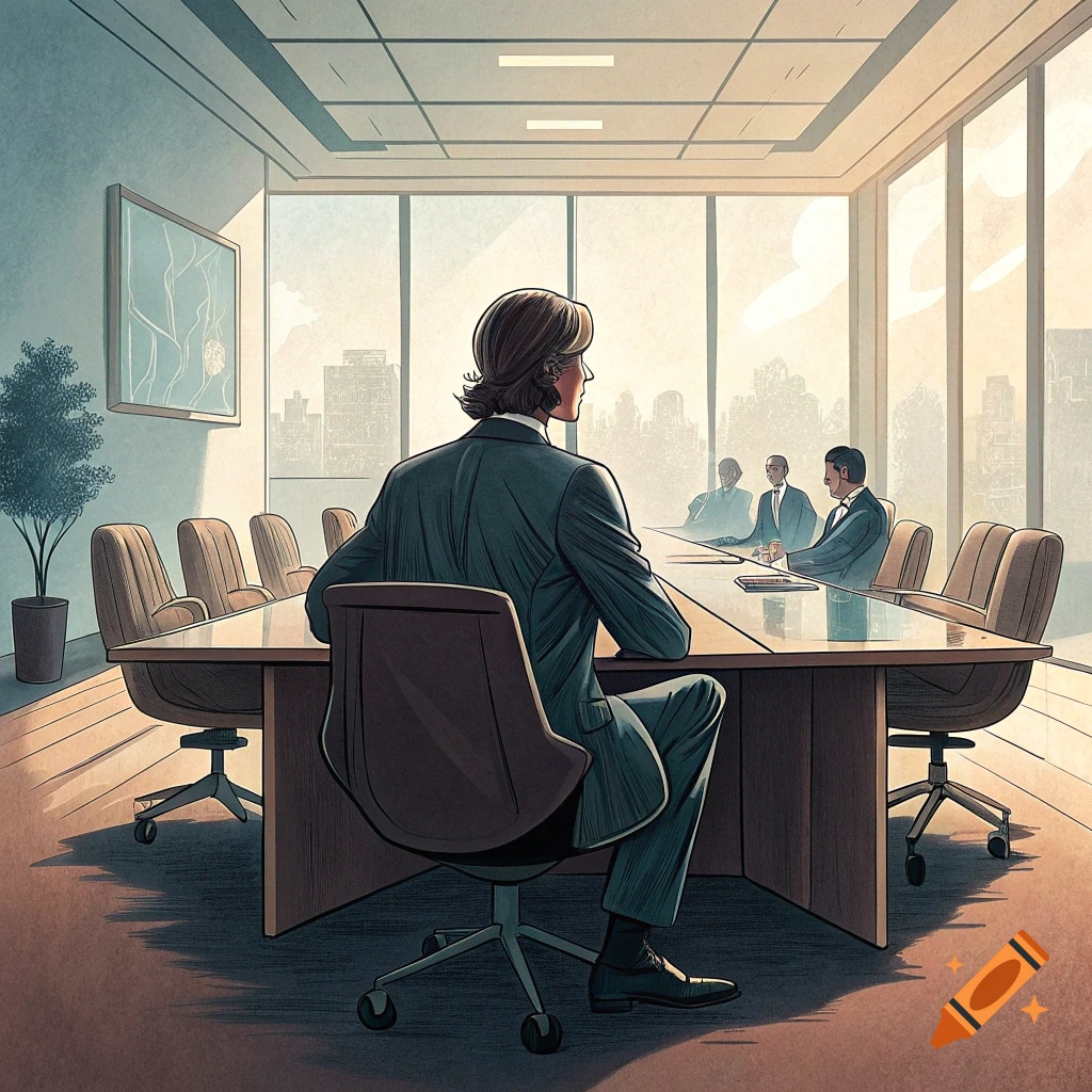 An illustrative image of a person in a suit sitting at a large boardroom table, looking at indistinct figures across from them. Sunlight streams through large windows.