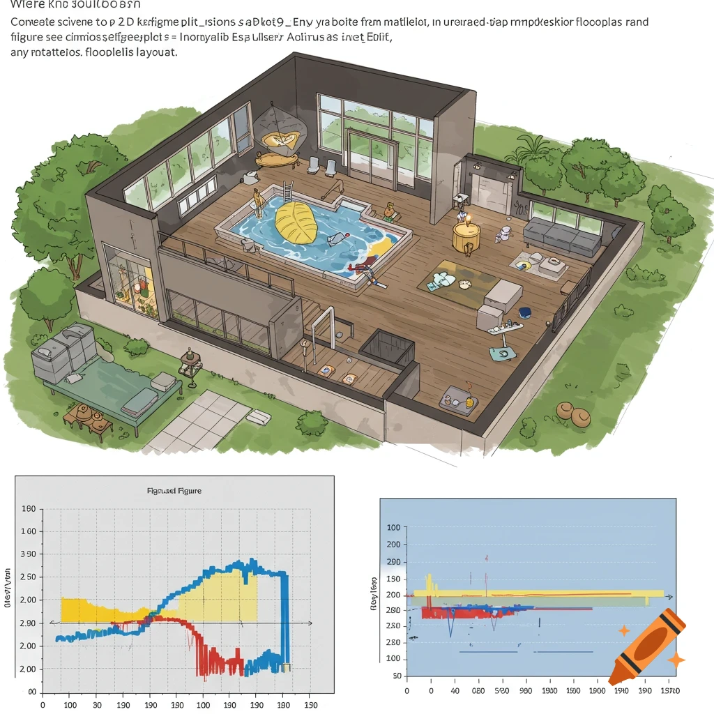 Sketchy illustration of a modern multi-level house with an indoor pool and outdoor patio.