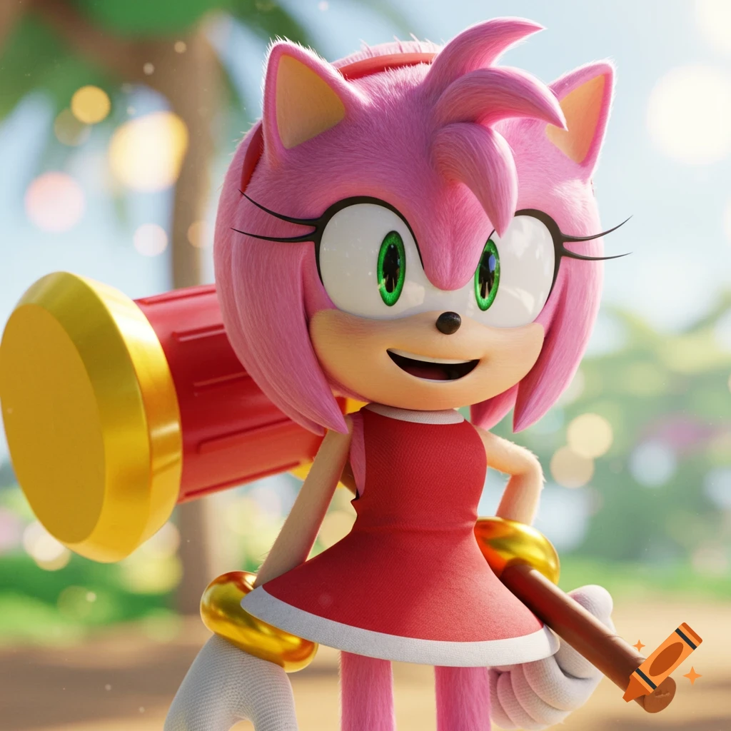 Amy Rose from Sonic holding her hammer in a sunny outdoor scene. on Craiyon Amy Rose from Sonic holding her hammer in a sunny outdoor scene. on Craiyon