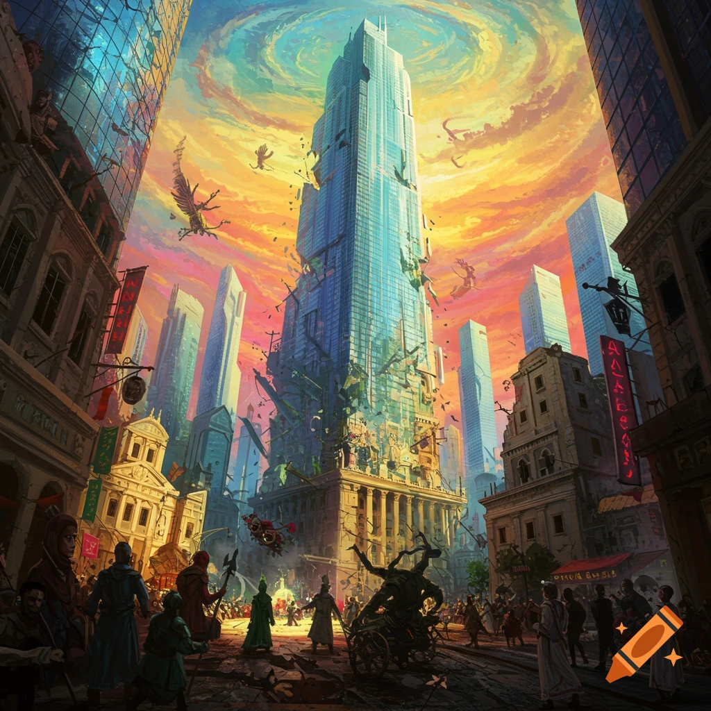 A chaotic fantasy cityscape with a damaged skyscraper, flying creatures, a crowd of people and monsters, under a swirling sky.