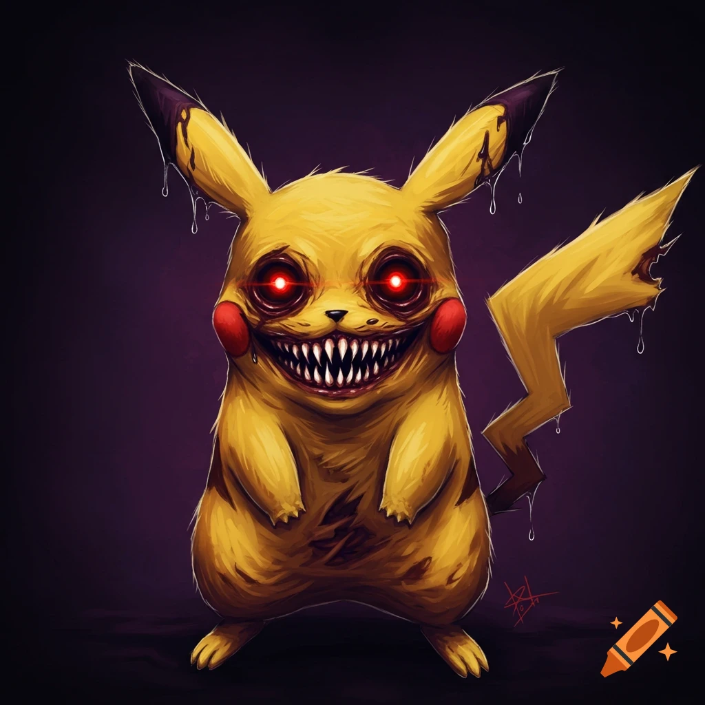 Scary, distorted Pikachu with red eyes and sharp teeth