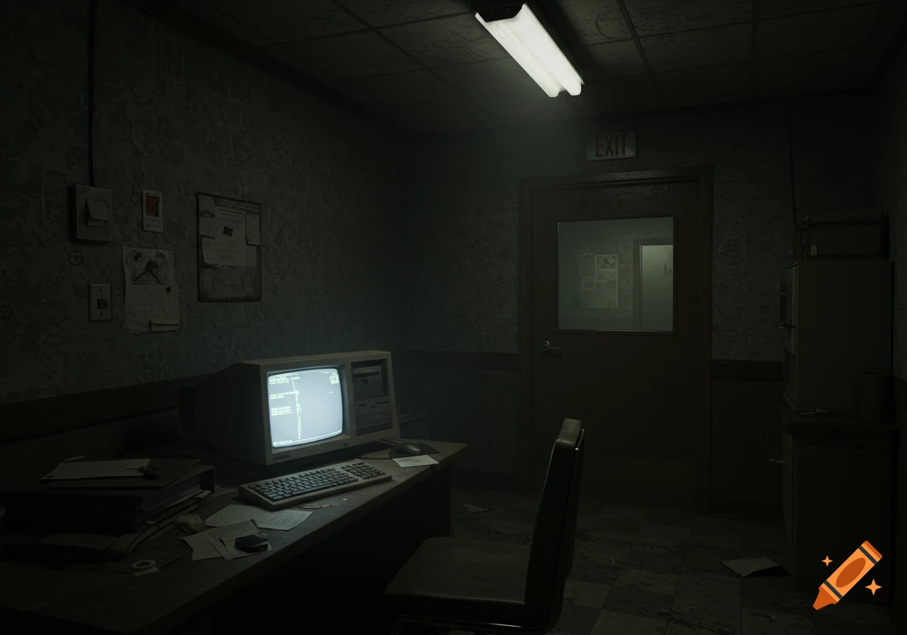 Dark, cluttered office with an old computer and exit door