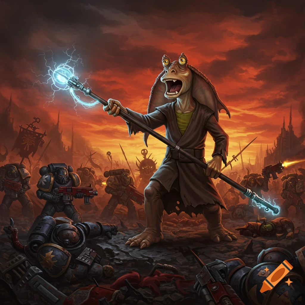 Image of Jar Jar Binks leading Warhammer Space Marines in battle, holding a glowing staff.