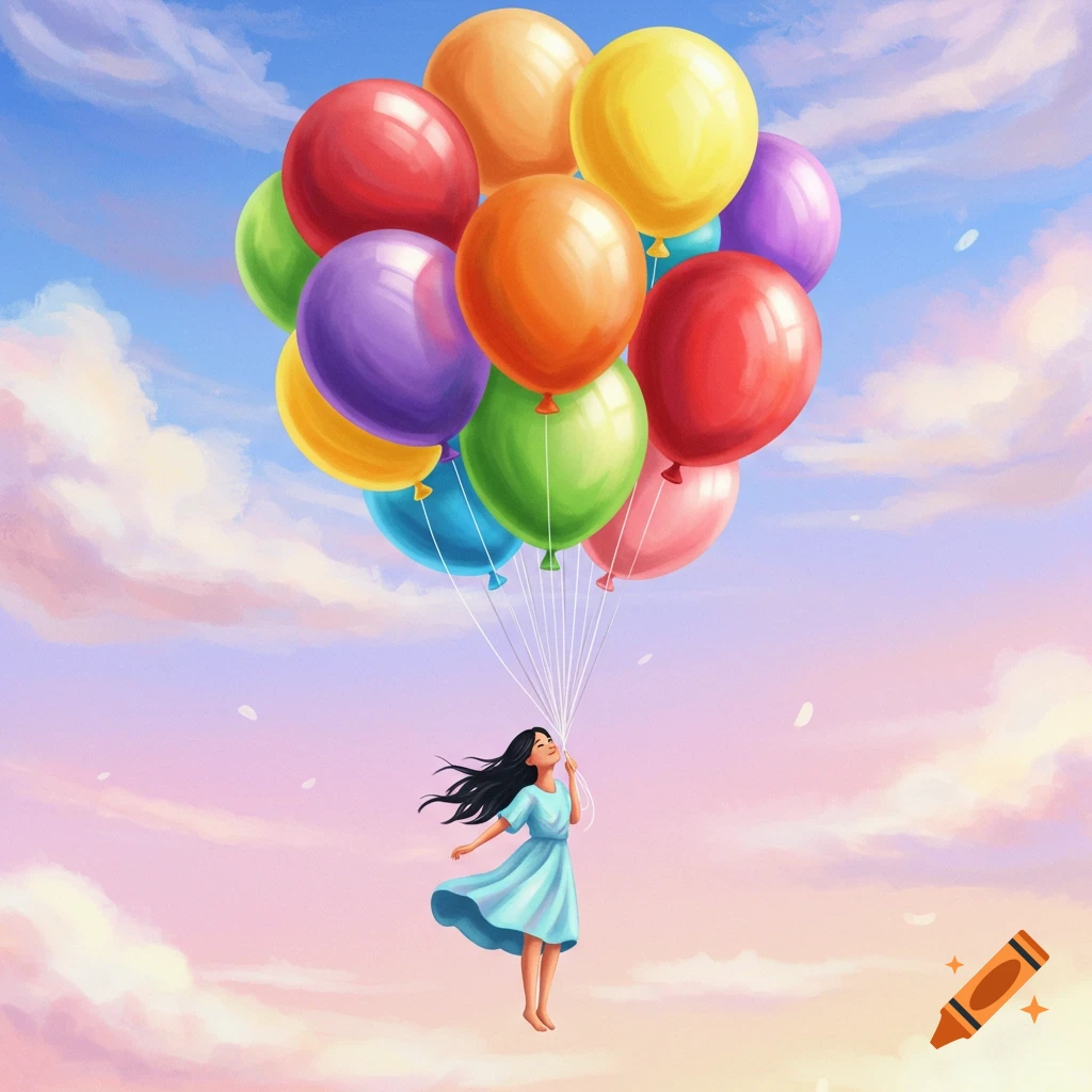 A girl floats high in a cloudy sky, holding a large bunch of colorful balloons.
