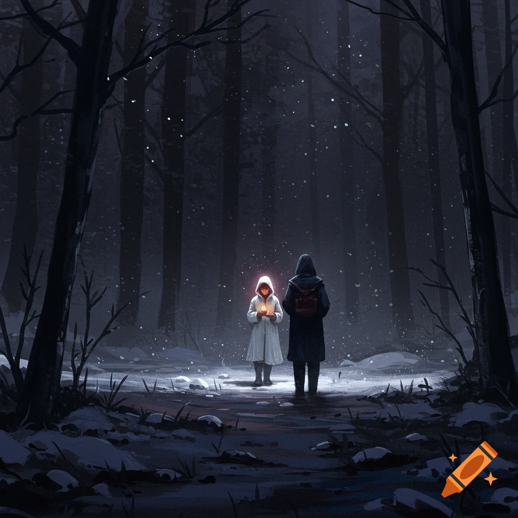 Two figures standing in a snowy dark forest at night, one holding a glowing light.