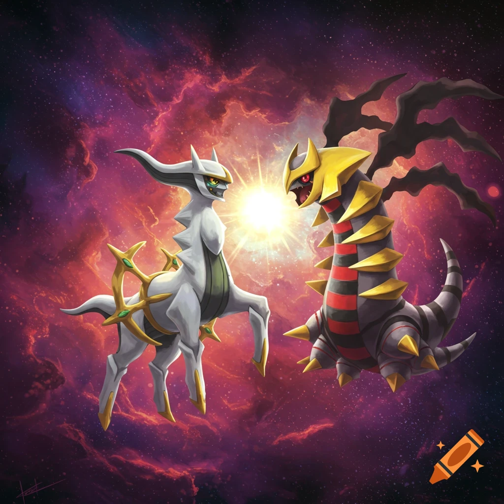 Pokemon Arceus and Giratina face off in a cosmic background.