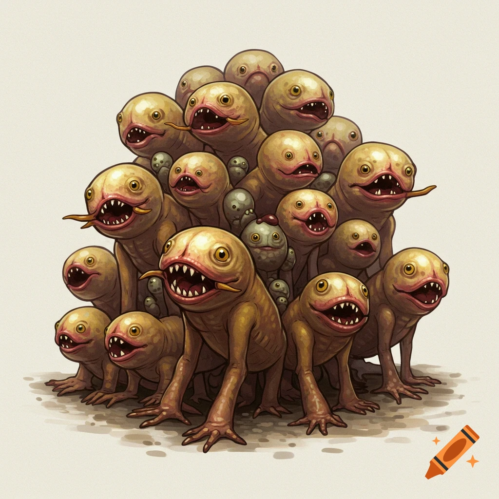 An illustration of a pile of yellow-brown creatures with multiple eyes and sharp teeth.