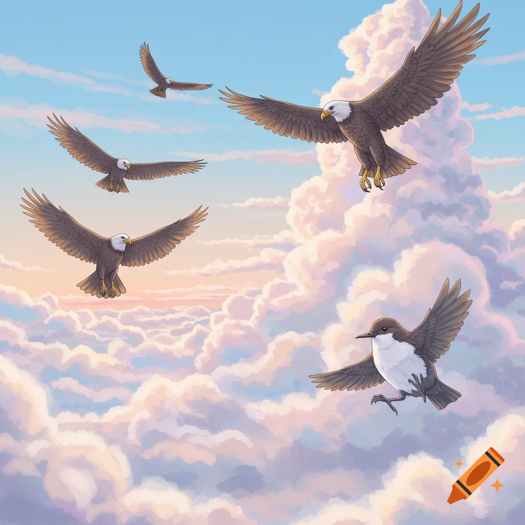 Birds flying through fluffy clouds.