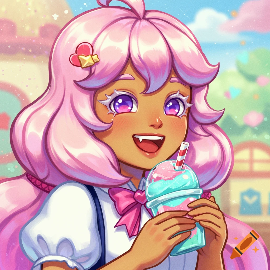 Cartoon girl with pink hair smiling and holding a slushie, anime style