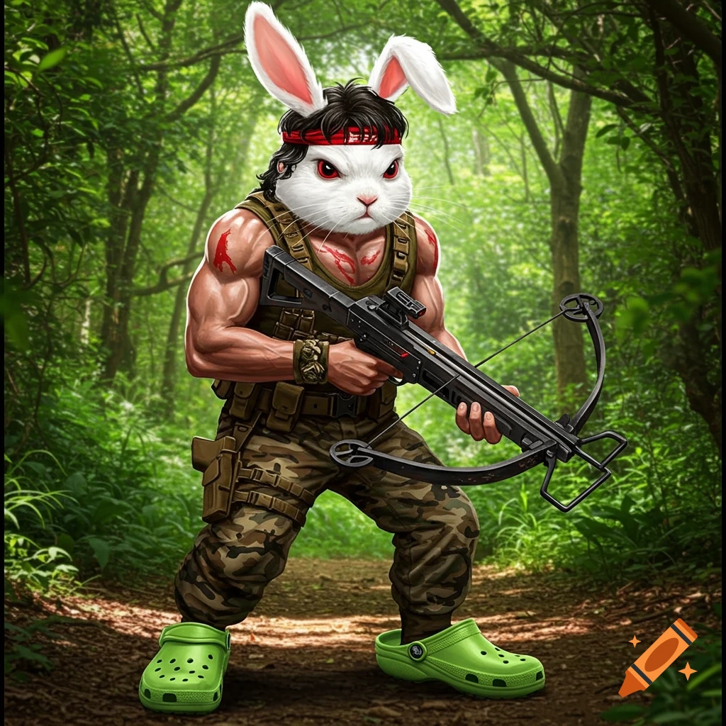 A muscular rabbit in military gear and a red headband holds a crossbow while wearing green crocs in a forest.