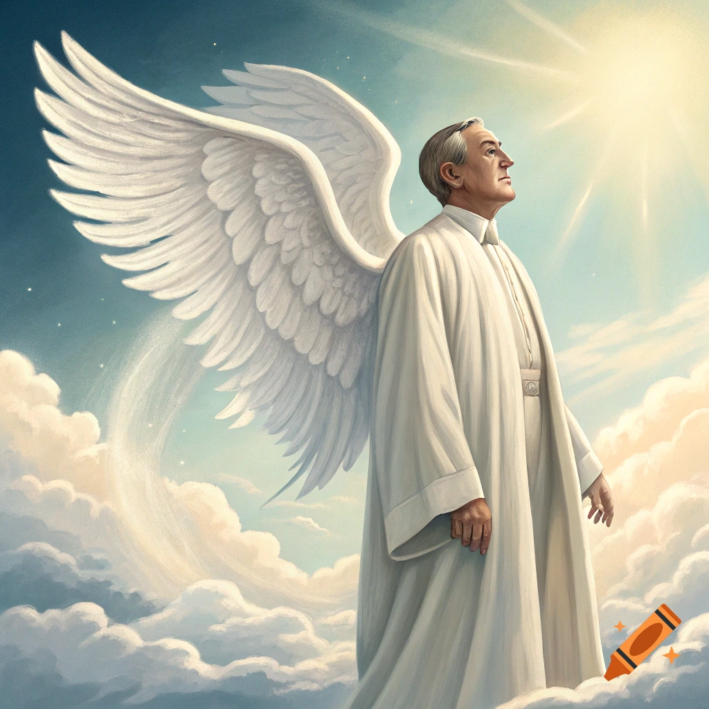 Portrait of a man resembling Woodrow Wilson with large white wings and a white robe standing among clouds looking towards a bright sun.