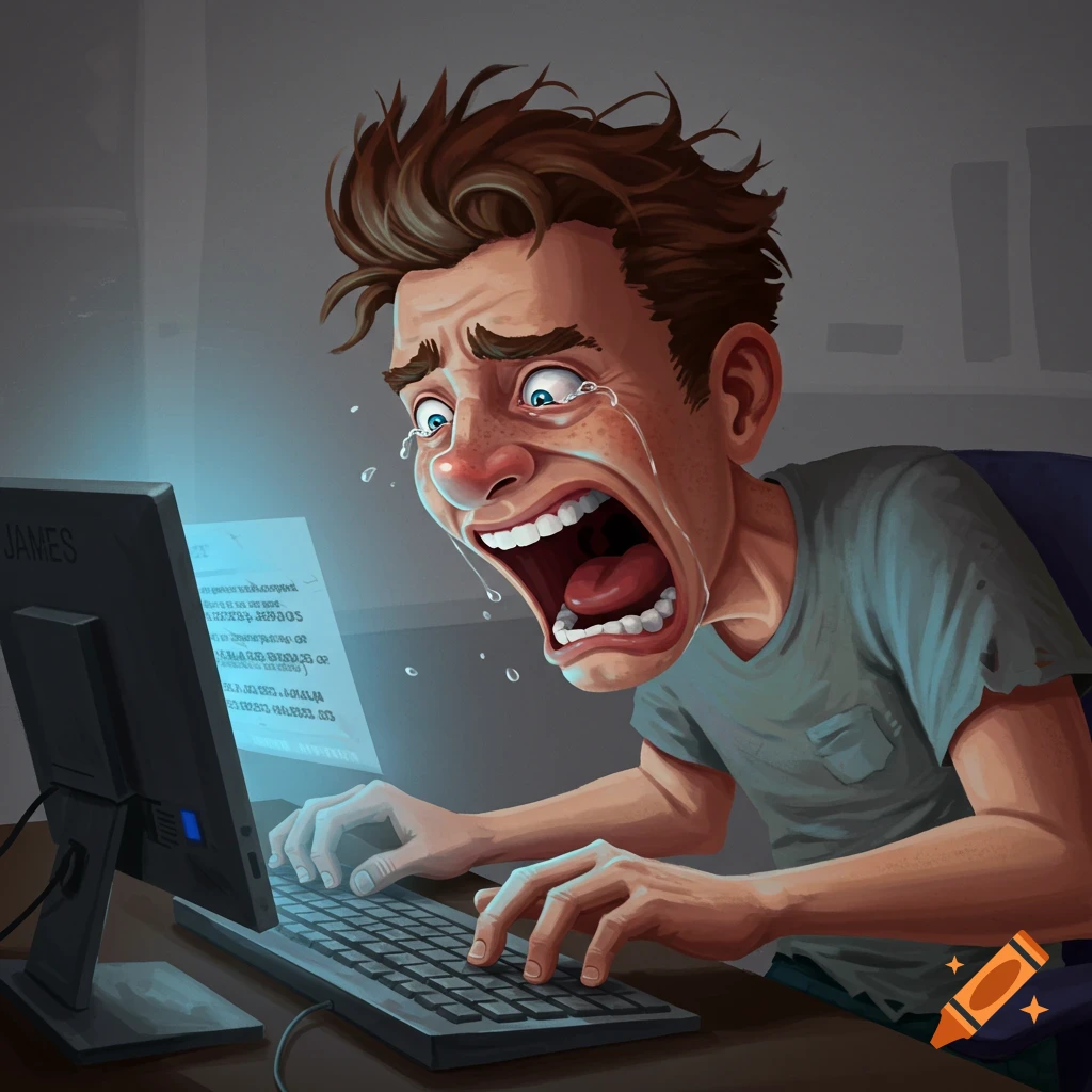 Exaggerated image of a man screaming and crying at a computer keyboard.