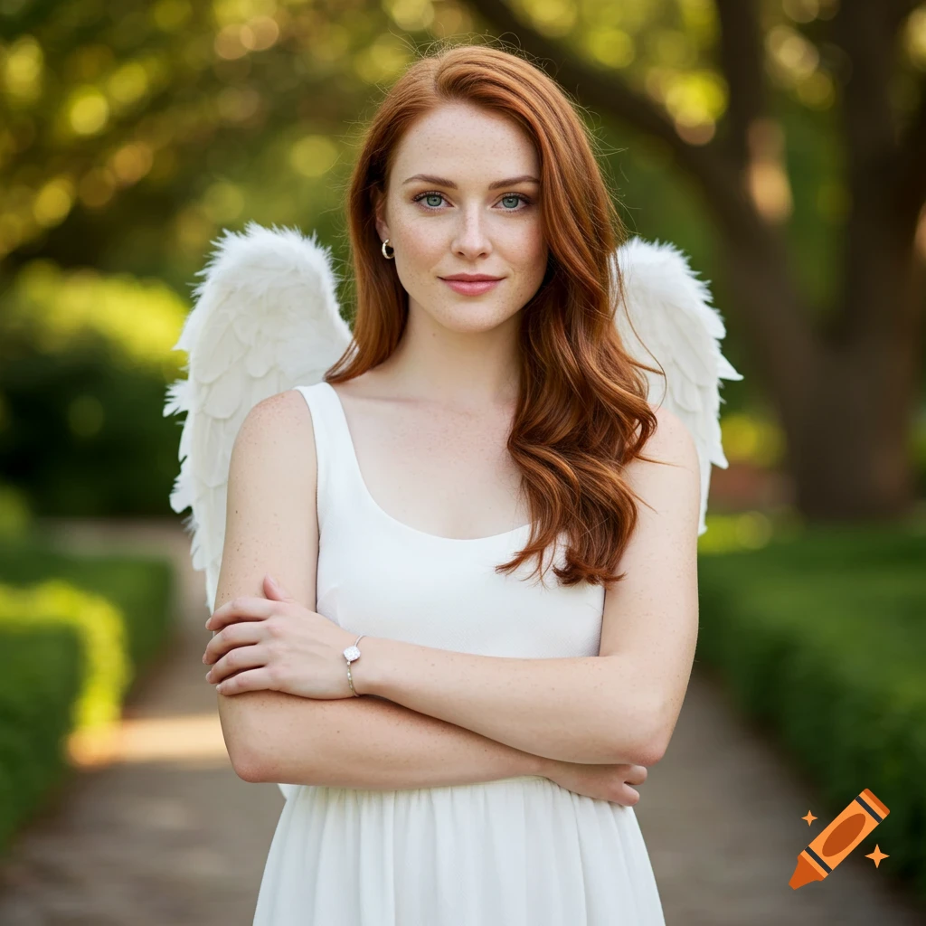 A woman with red hair and angel wings stands in a garden path.