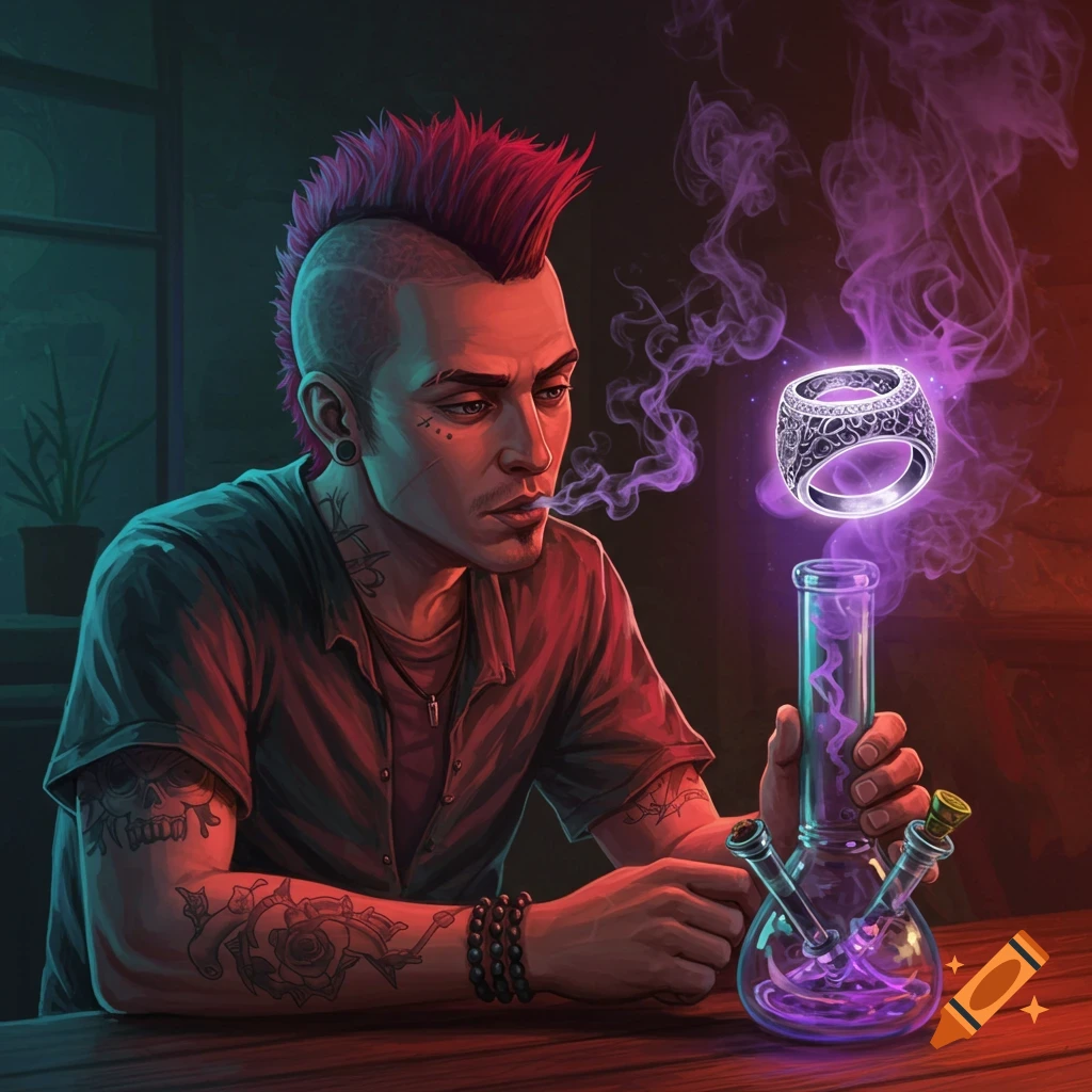 A person with a mohawk smoking from a bong with glowing purple liquid and a floating ring.
