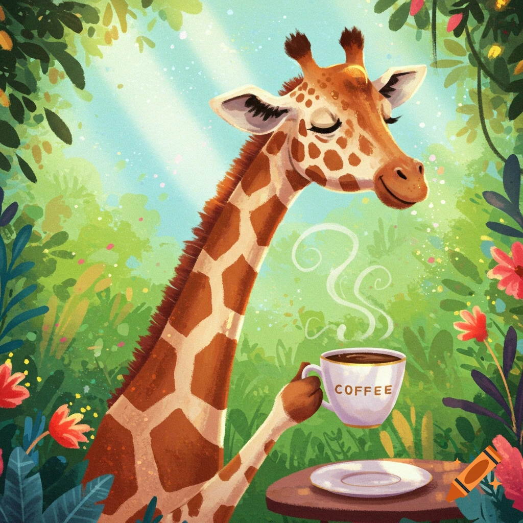 A giraffe drinking coffee at a table in a sunny jungle.