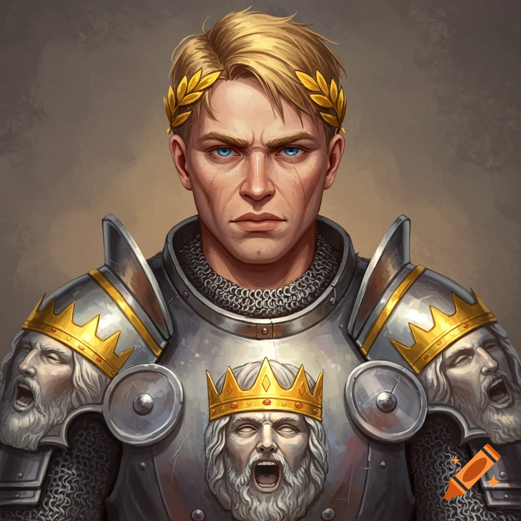 A blonde warrior with a laurel crown and silver armor featuring screaming faces
