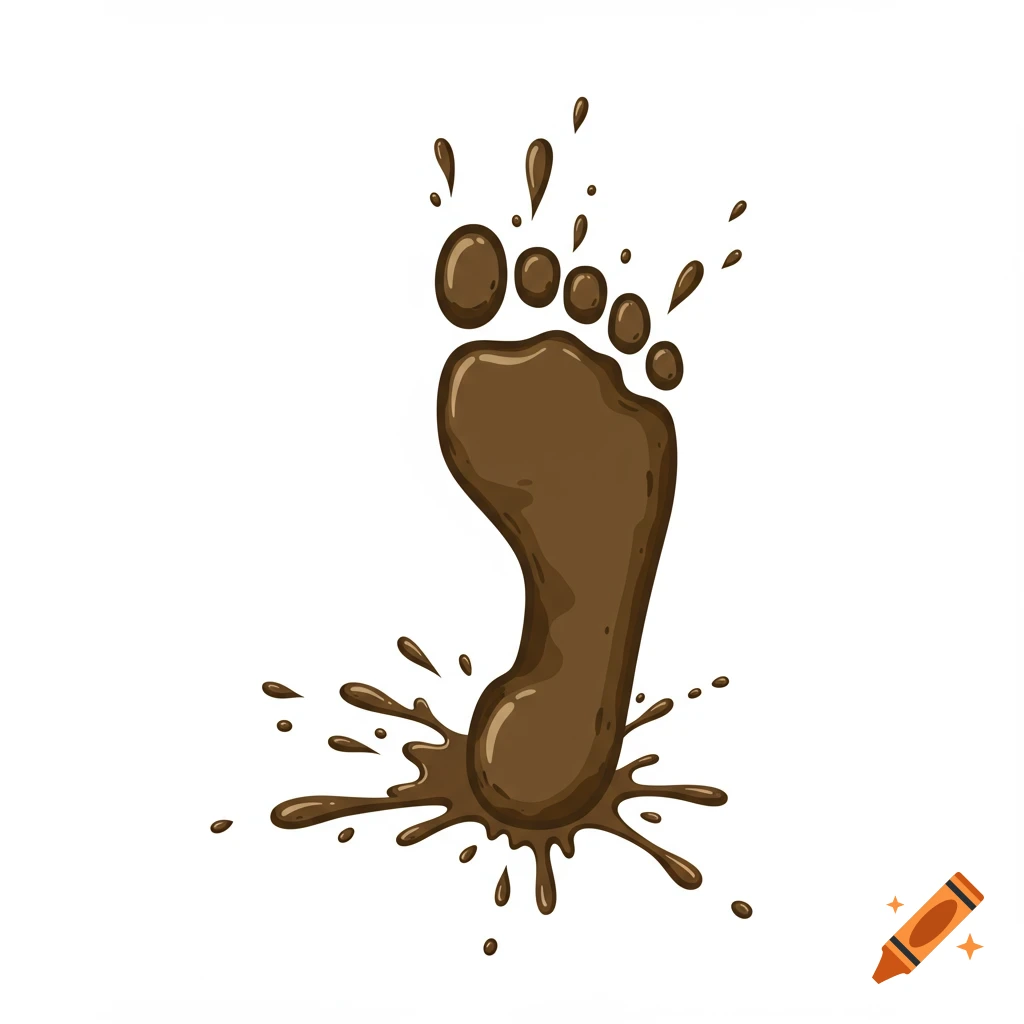 Cartoon muddy footprint with splatter on white background