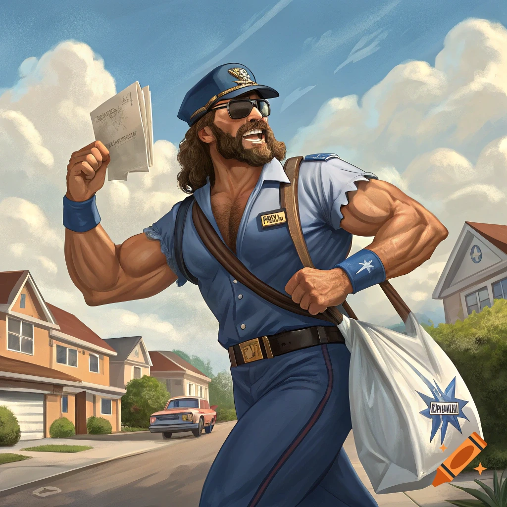Illustrative painting of a muscular mailman delivering mail on a suburban street.