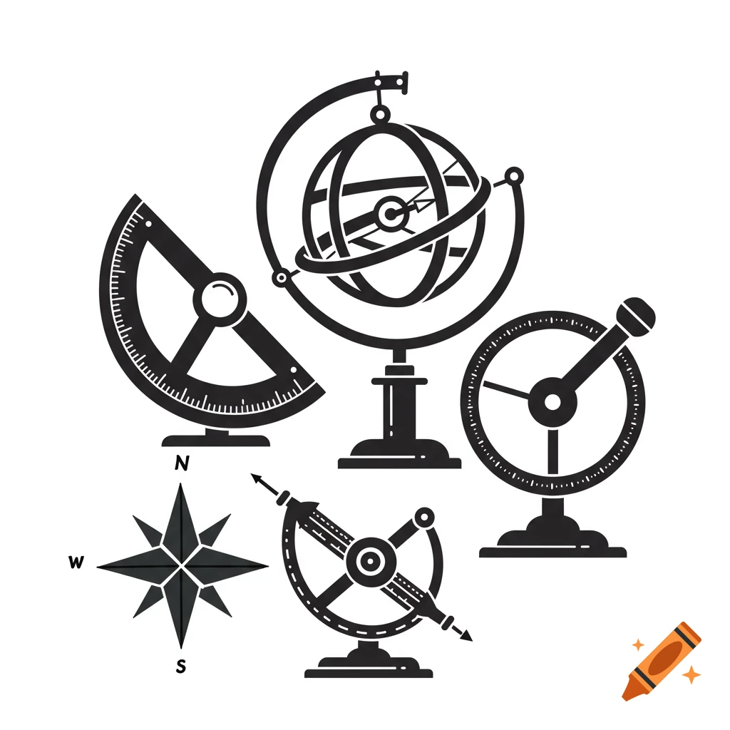 Black vector glyphs of 16th-century navigation tools: armillary sphere, sextant, compass rose, and instruments.