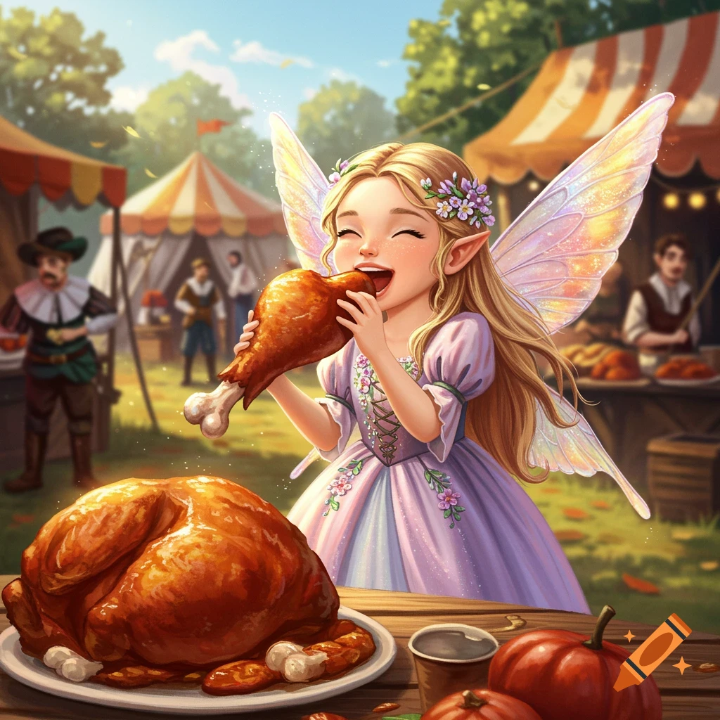 Whimsical depiction of a fairy eating a turkey leg at a renaissance fair.