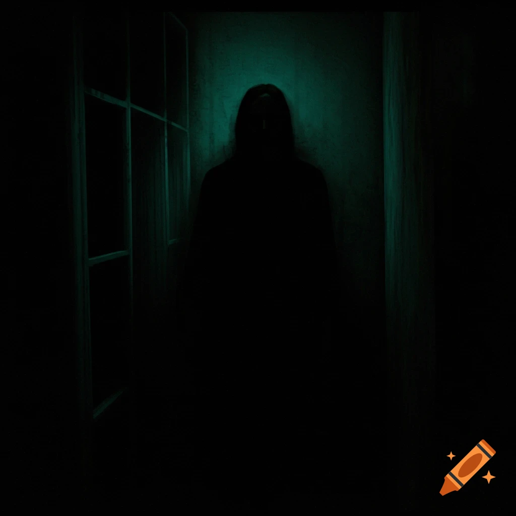 A dark silhouette stands in a dimly lit room with a window, spooky analog horror style.