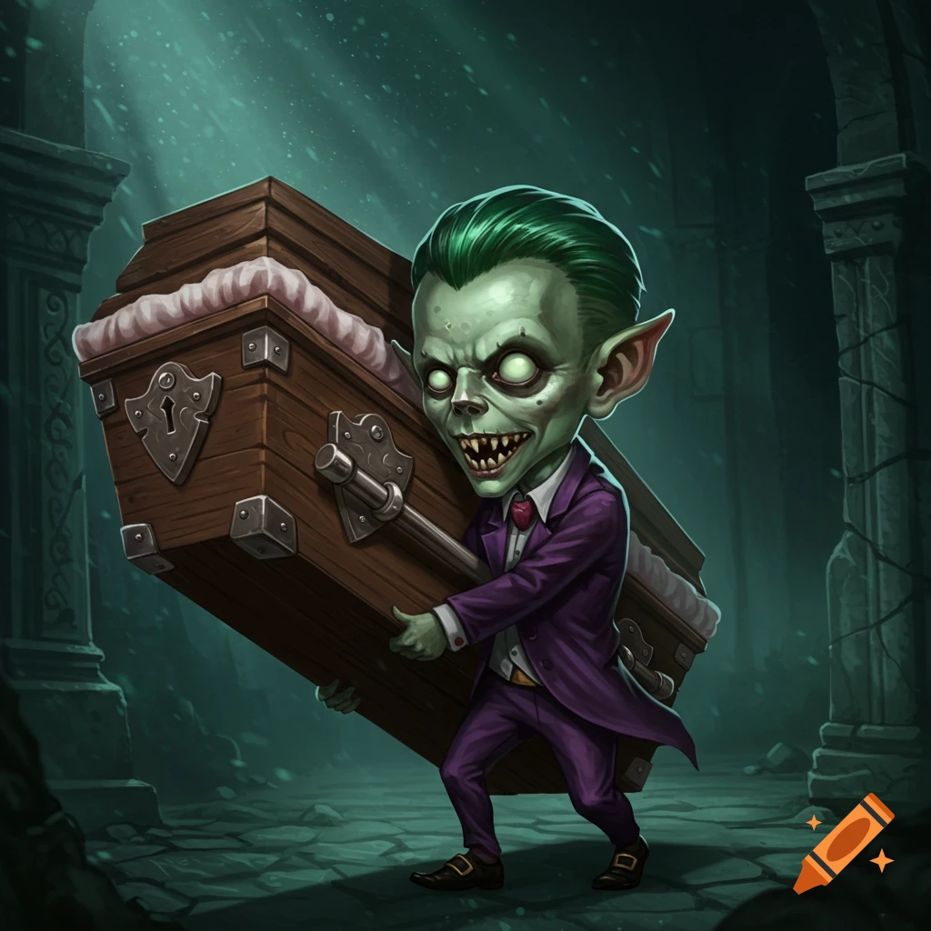A tiny ghoul in a purple suit carrying a large coffin in a dark crypt.
