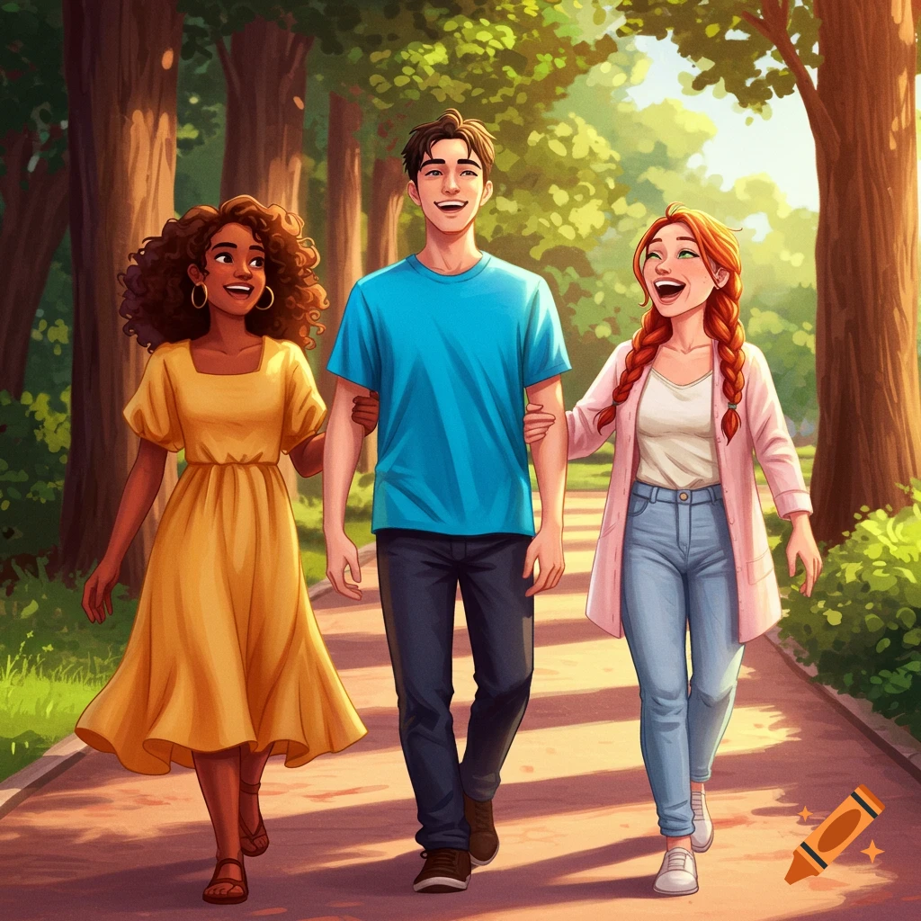 Three happy friends are walking arm-in-arm on a park path.