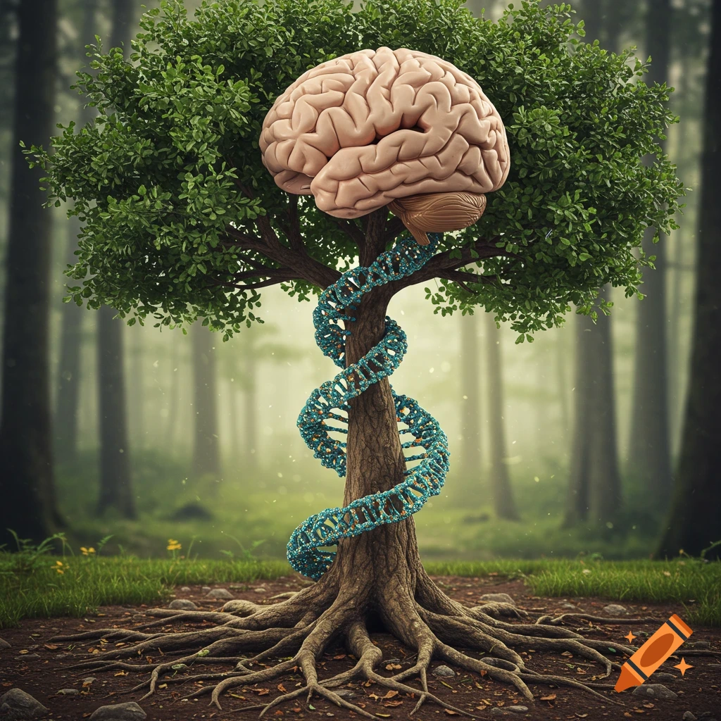 Realistic conceptual image of a tree with DNA helix trunk and brain crown in a forest.