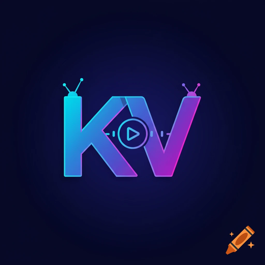 Stylized logo with letters KV, TV antennas, and streaming icon in cool colors.
