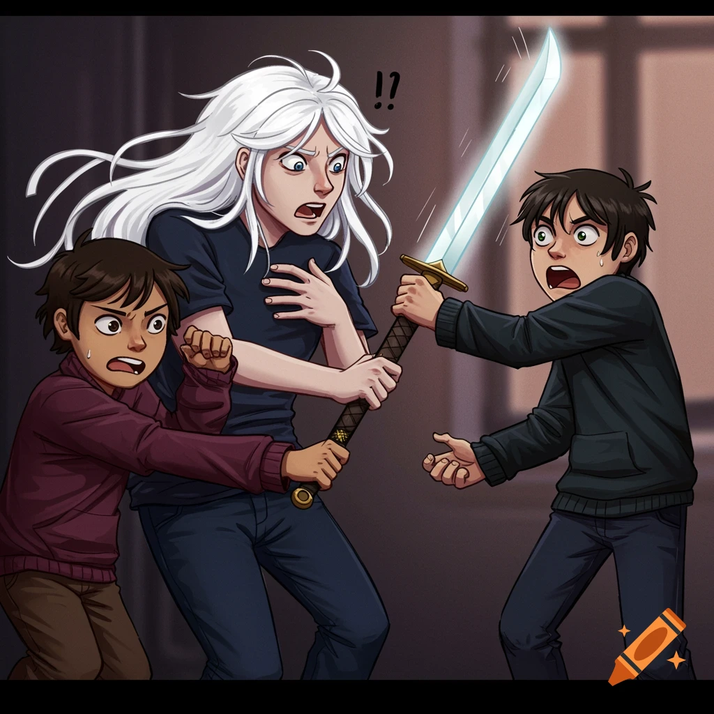 Anime characters looking surprised as a boy holds a glowing sword.
